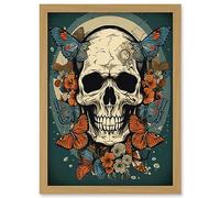 Artery8 Skull Moths Old School USA Tattoo Ink Body Art Rockabilly Americana 50s Artwork Framed Wall Art Print A4