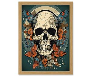 Artery8 Skull Moths Old School USA Tattoo Ink Body Art Rockabilly Americana 50s Artwork Framed Wall Art Print A4
