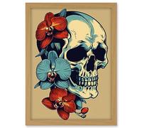 Artery8 Skull Orchid Flower Blooms Tattoo Ink Body Art Rockabilly Americana 50s Artwork Framed A3 Wall Art Print