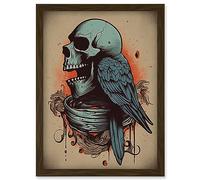 Artery8 Skull Raven Wings Old School USA Tattoo Ink Body Rockabilly Americana 50s Artwork Framed Wall Art Print A4