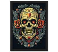 Artery8 Skull Roses and Heart Tattoo Ink Body Art Rockabilly Americana 50s Artwork Framed A3 Wall Art Print