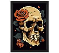 Artery8 Skull Roses Dark Old School USA Tattoo Ink Body Rockabilly Americana 50s Artwork Framed Wall Art Print A4