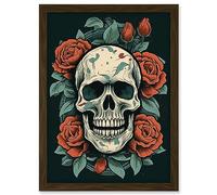 Artery8 Skull Roses Old School USA Tattoo Ink Body Art Rockabilly Americana 50s Artwork Framed A3 Wall Art Print