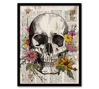 Artery8 Skull with Daisies Book Page Mixed Media Upcycle Framed Wall Art in Grey | Size: W12" x H16" Artery8 Grey W12" x H16"
