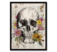 Artery8 Skull with Daisies Book Page Mixed Media Upcycle Living Room Artwork Framed Wall Art Print A4