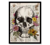 Artery8 Skull With Daisies Book Page Mixed Media Upcycle Wall Art Print - A4 Size