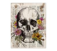 Artery8 Skull with Daisies Book Page Mixed Media Upcycle Wall Art Print in Grey | Size: W24" x H32" Artery8 Grey W24" x H32"