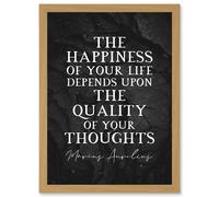Slate Quote Marcus Aurelius Happiness Quality Thoughts Inspiring Artwork Framed Wall Art Print A4 Artery8 Light Oak One Size