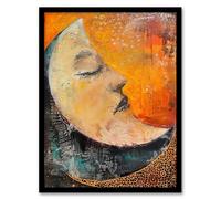 Artery8 Sleeping Crescent Moon Abstract Oil Painting Wall Art Print - A4 Size