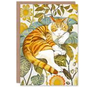Artery8 Greeting Card Sleeping Orange Tabby Cat Lover Bright Floral Blank For Him Or Her Art Birthday Card