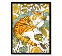 Sleeping Orange Tabby Cat Lover Bright Floral Framed Art Print Artery8 Orange A4