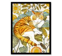 Artery8 Sleeping Orange Tabby Cat Lover Bright Floral Wall Art Print - A4 Size