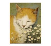 Artery8 Sleeping w/ The Daisies Artwork By Gillian Keenan Cat Sleeping In Wildflower Meadow Pastel Colour Oil Painting Unframed Wall Art Print Poster Artery8 Multicolor W12" x H16"