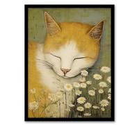 Artery8 Sleeping With The Daisies Artwork By Gillian Keenan Cat Sleeping In Wildflower Meadow Pastel Colour Oil Painting Artwork Framed Wall Art Print 18X24 Inch