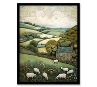 Sleepy England By Celia Hapton Quirky Lake District Scene Rolling Hills Grazing Sheep Art Print Framed Poster Wall Decor 12x16 inch Artery8 Black W12 inch x H16 inch