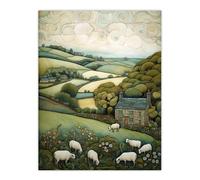 Artery8 Sleepy England By Celia Hapton Quirky Lake District Scene Rolling Hills Grazing Sheep Extra Large XL Wall Art Poster Print
