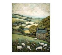 Artery8 Sleepy England By Celia Hapton Quirky Lake District Scene Rolling Hills Grazing Sheep Extra Large XL Wall Art Poster Print