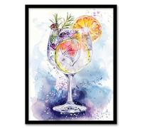 Sloe Gin Tonic Fruit Cocktail Modern Watercolour Framed Art Print Artery8 Blue A4