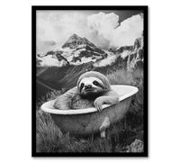 Artery8 Sloth in Bathtub on Mountain Black White Surreal Bathroom Toilet Artwork Framed Wall Art Print A4