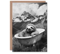 Artery8 Sloth in Bathtub on Mountain Black White Surreal Greeting Card in Grey Artery8 Grey