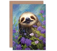 Artery8 Sloth in Lavender Daisies for Wife Her Mum Sister Daughter Mom Gran Nan Birthday Thank You Get Well Soon Blank Art Greeting Card