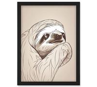 Artery8 Sloth Line Drawing Illustration with Highlights Artwork Framed Wall Art Print A4