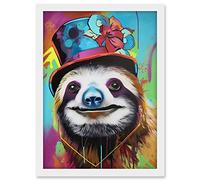 Artery8 Sloth Wearing Ladies Summer Hat Modern Pop Art Artwork Framed A3 Wall Art Print