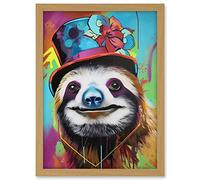 Artery8 Sloth Wearing Ladies Summer Hat Modern Pop Art Artwork Framed A3 Wall Art Print
