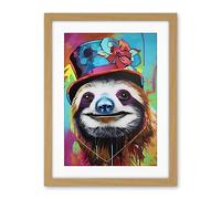 Artery8 Sloth Wearing Ladies Summer Hat Modern Pop Art Artwork Framed Wall Art Print 18X24 Inch