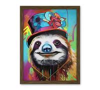 Artery8 Sloth Wearing Ladies Summer Hat Modern Pop Art Artwork Framed Wall Art Print 18X24 Inch