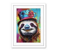 Artery8 Sloth Wearing Ladies Summer Hat Modern Pop Art Artwork Framed Wall Art Print 18X24 Inch