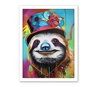 Artery8 Sloth Wearing Ladies Summer Hat Modern Pop Art Artwork Framed Wall Art Print 18X24 Inch