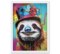 Artery8 Sloth Wearing Ladies Summer Hat Modern Pop Art Artwork Framed Wall Art Print A4