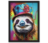 Artery8 Sloth Wearing Ladies Summer Hat Modern Pop Art Artwork Framed Wall Art Print A4