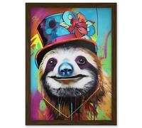 Artery8 Sloth Wearing Ladies Summer Hat Modern Pop Art Artwork Framed Wall Art Print A4