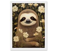 Artery8 Sloth with Jasmine and Anemone Flowers Elegant Artwork Framed A3 Wall Art Print