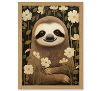 Artery8 Sloth with Jasmine and Anemone Flowers Elegant Artwork Framed A3 Wall Art Print