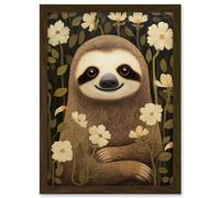 Artery8 Sloth with Jasmine and Anemone Flowers Elegant Artwork Framed A3 Wall Art Print