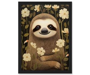 Artery8 Sloth with Jasmine and Anemone Flowers Elegant Artwork Framed A3 Wall Art Print