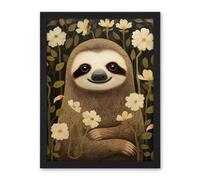 Artery8 Sloth with Jasmine and Anemone Flowers Elegant Artwork Framed Wall Art Print 18X24 Inch