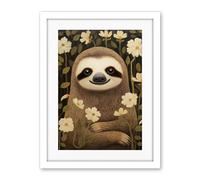 Artery8 Sloth with Jasmine and Anemone Flowers Elegant Artwork Framed Wall Art Print 18X24 Inch