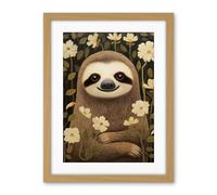Artery8 Sloth with Jasmine and Anemone Flowers Elegant Artwork Framed Wall Art Print 18X24 Inch