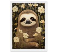 Artery8 Sloth with Jasmine and Anemone Flowers Elegant Artwork Framed Wall Art Print A4
