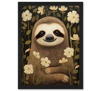 Artery8 Sloth with Jasmine and Anemone Flowers Elegant Artwork Framed Wall Art Print A4