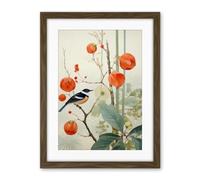 Artery8 Small Bird on Blooming Tree Branch Botanical Artwork Red Teal Nature Study Audubon Style Artwork Framed Wall Art Print 18X24 Inch