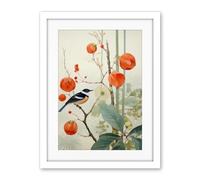 Artery8 Small Bird on Blooming Tree Branch Botanical Artwork Red Teal Nature Study Audubon Style Artwork Framed Wall Art Print 18X24 Inch