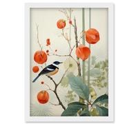 Artery8 Small Bird on Blooming Tree Branch Botanical Artwork Red Teal Nature Study Audubon Style Artwork Framed Wall Art Print A4