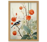 Artery8 Small Bird on Blooming Tree Branch Botanical Artwork Red Teal Nature Study Audubon Style Artwork Framed A3 Wall Art Print