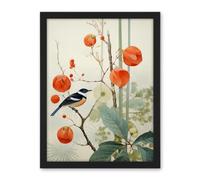 Artery8 Small Bird on Blooming Tree Branch Botanical Artwork Red Teal Nature Study Audubon Style Artwork Framed Wall Art Print 18X24 Inch