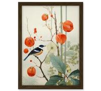 Artery8 Small Bird on Blooming Tree Branch Botanical Artwork Red Teal Nature Study Audubon Style Artwork Framed A3 Wall Art Print